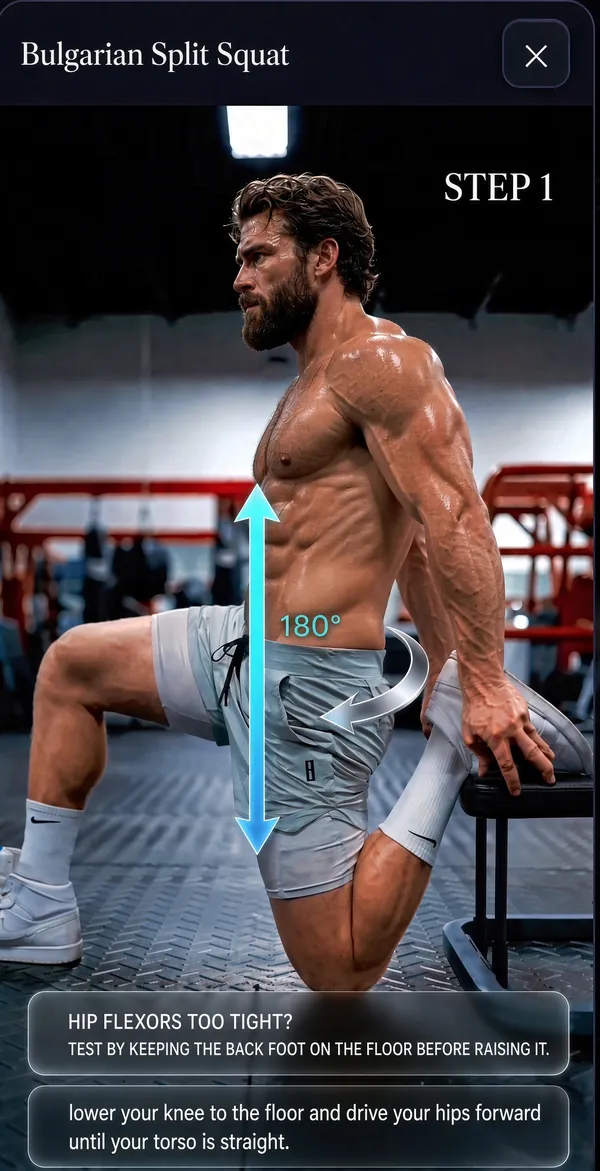 Workout log with exercise videos: in-app demo of the Bulgarian Split Squat with form tips