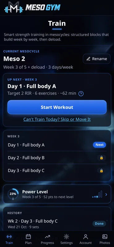 MesoGym Train screen showing Meso 2, Week 3 of 5, the next workout with a 2 RIR target and a Start Workout button