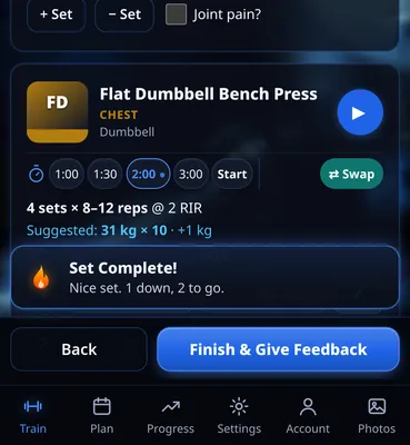 RIR workout tracker: set 1 of Narrow Stance Squat ticked with a Set Complete message: 1 down, 3 to go