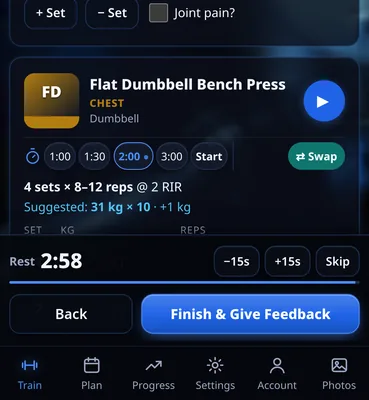 Interval timer for lifting: rest bar showing 1:58 with minus 15 seconds, plus 15 seconds and Skip buttons