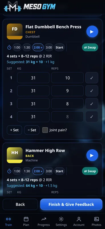 Flat Dumbbell Bench Press, 4 sets of 8 to 12 reps at 2 RIR, suggested 31 kg times 10, plus 1 kg
