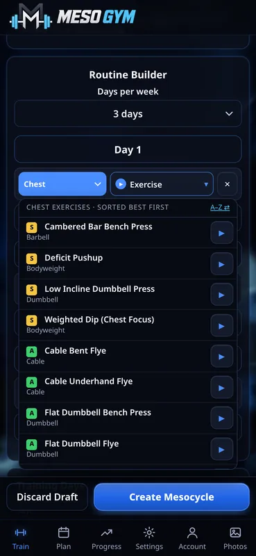 Routine Builder listing chest exercises sorted best first with S and A grade badges