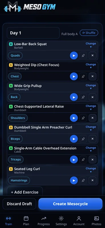 Mesocycle app meso builder showing Day 1 Full body A from a template, with Shuffle, Change, pin and remove controls on each exercise