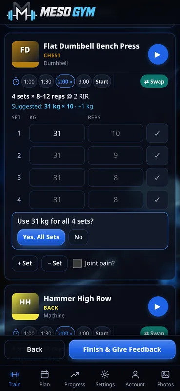 Prompt asking Use 31 kg for all 4 sets? with Yes, All Sets and No