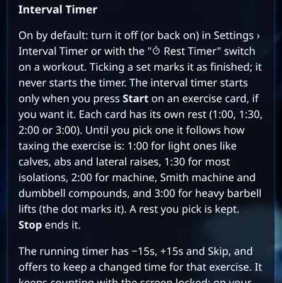 In-app guide section titled Interval Timer explaining how the interval timer works