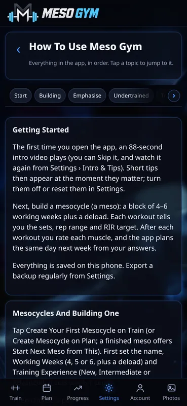 How To Use Meso Gym guide with Getting Started and Mesocycles And Building One sections