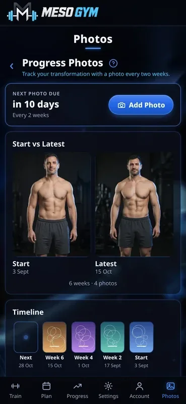 Progress Photos screen with next photo due in 10 days, Start vs Latest comparison and a timeline